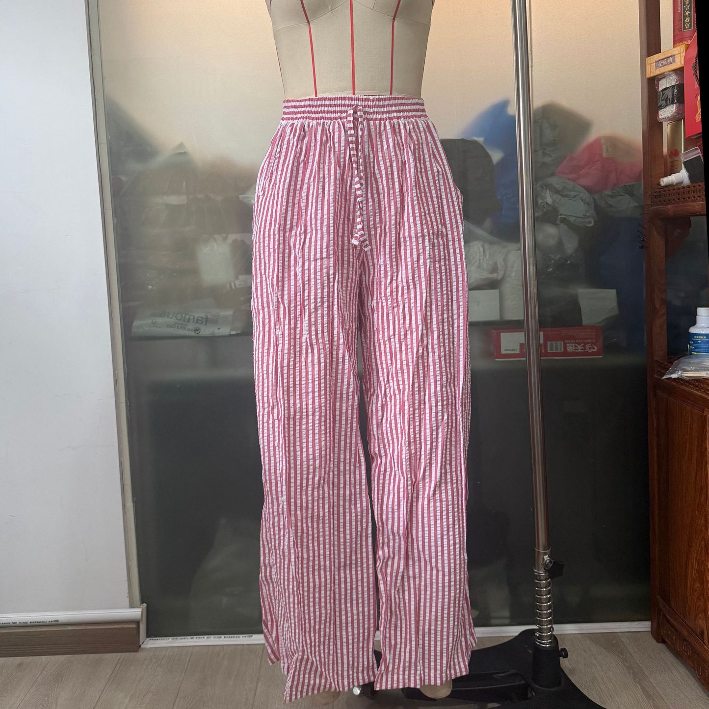 Thin Striped Printed Women Casual Pants Summer Drawstring Straight Loose Wide Leg Mop Pants