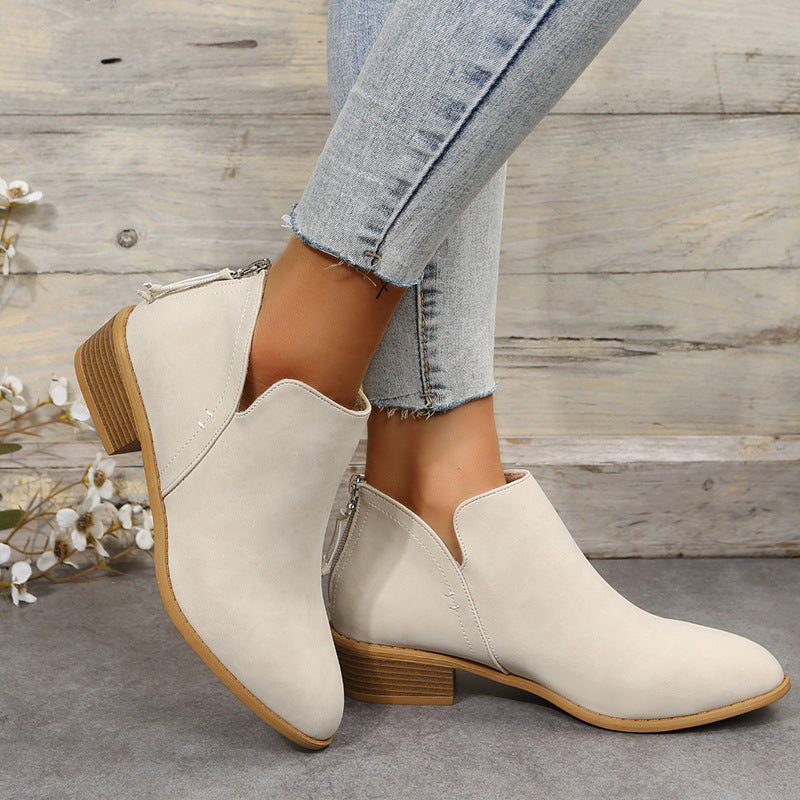 Four Seasons British Chunky Heel Ankle Boots Women Solid Color Pointed Toe Back Zipper Low Heel Shoes