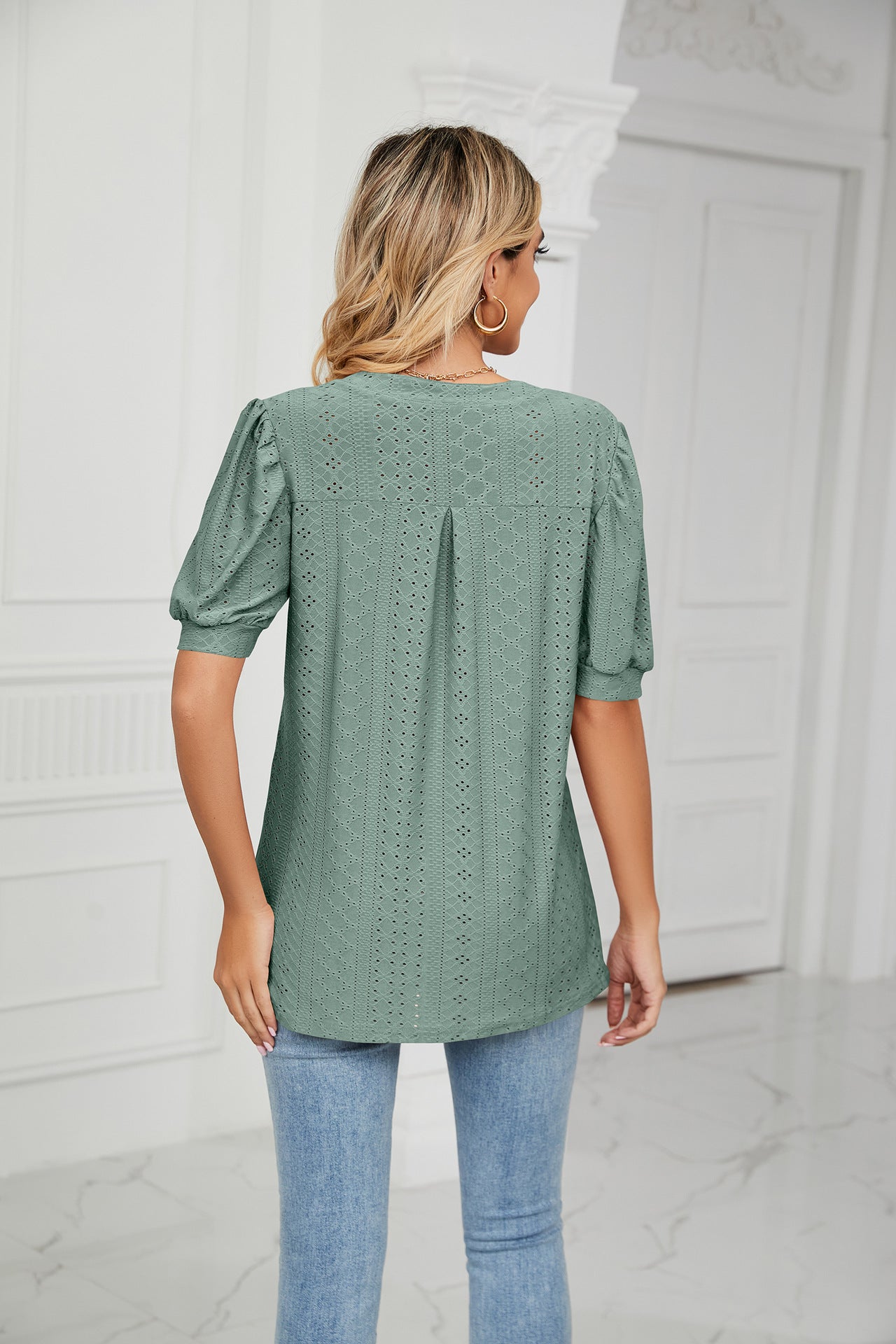 Summer Casual V Neck Solid Color Hollow Out Cutout Puff Sleeve Loose Fitting T Shirt Top Women