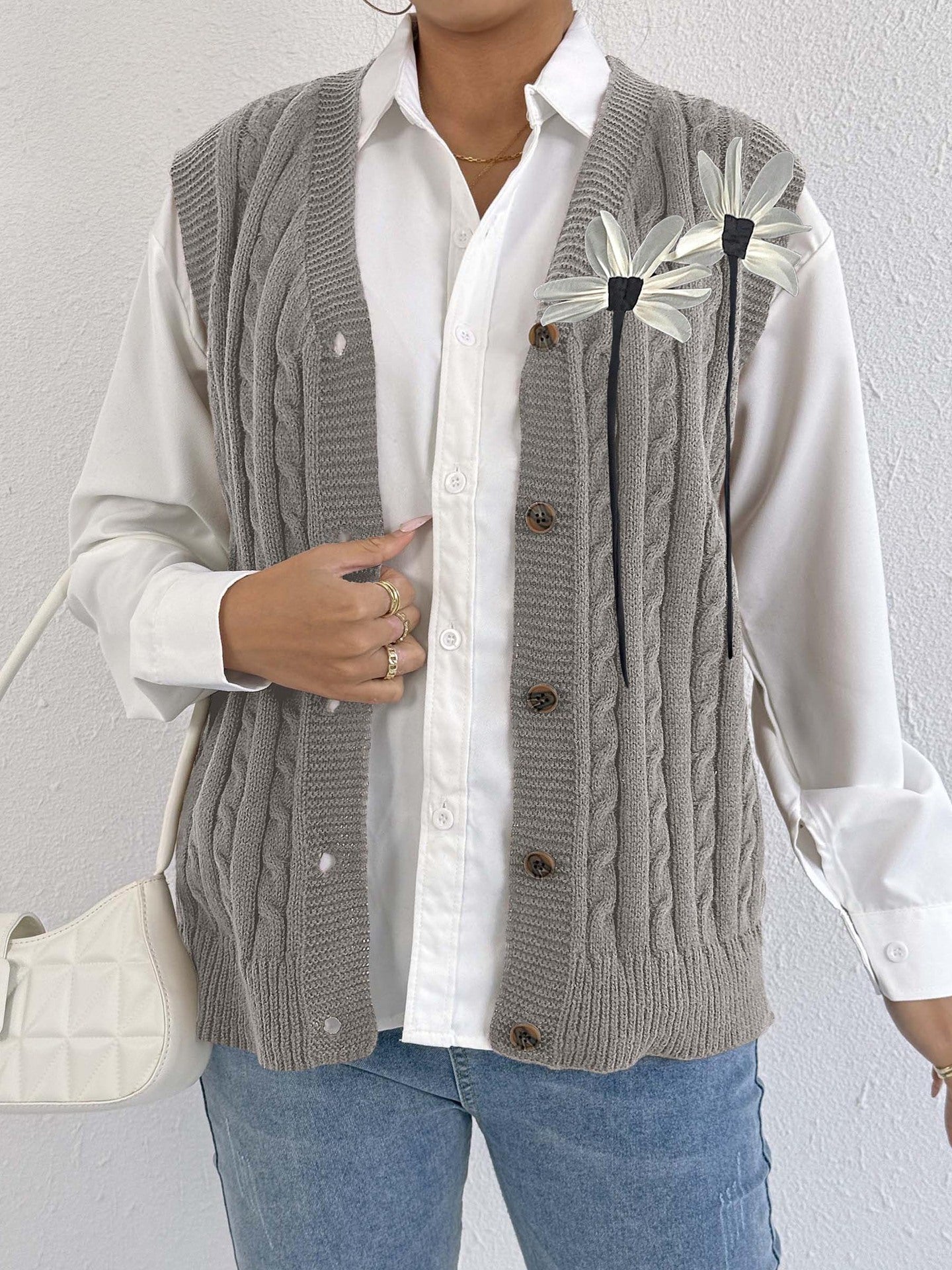 Women Knitted Cardigan Autumn Winter Women Clothing Casual Outerwear Vest Twist Woven Sweater Three Dimensional Floral Stitching Vest