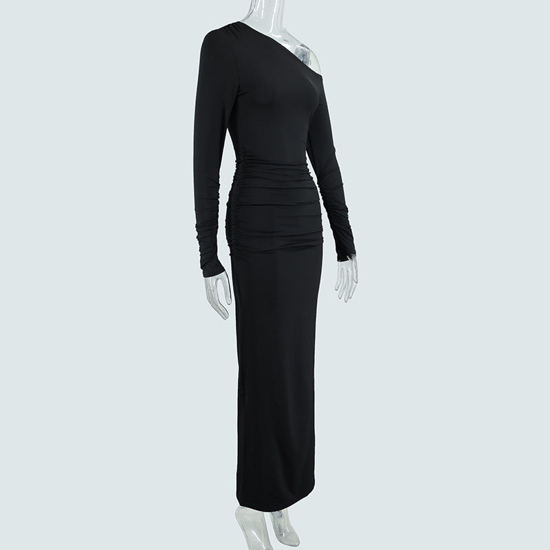 Sexy Women Clothing Sloping-Shoulder off the Shoulder Long Sleeve Slim Fit Pleated Long Socialite Dress