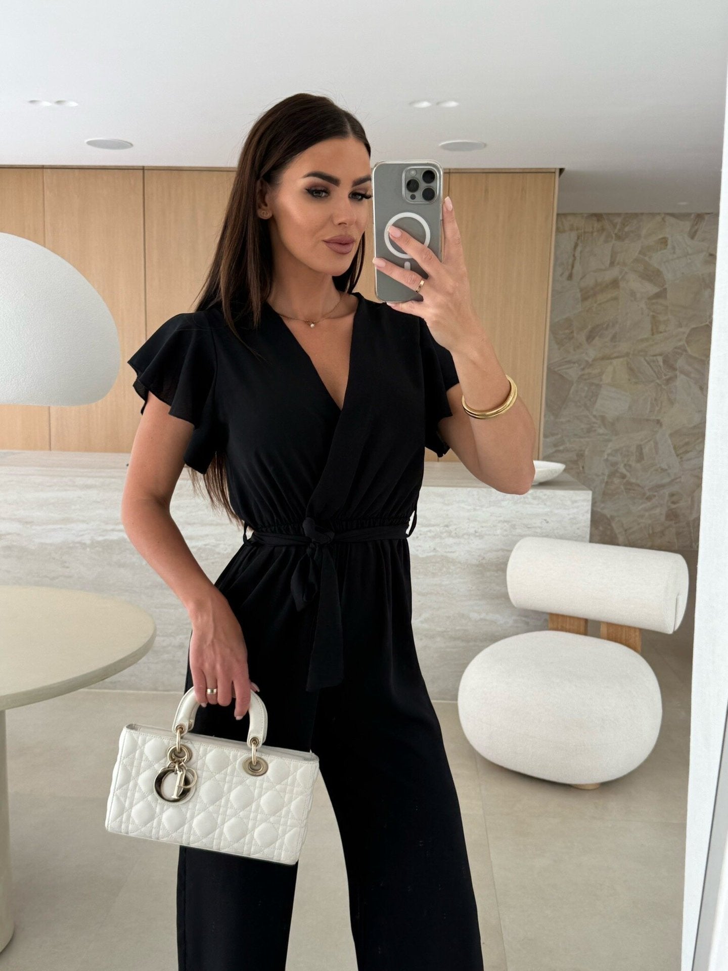 Summer Women Clothing V neck Waist Controlled Lace up Solid Color Jumpsuit Trousers