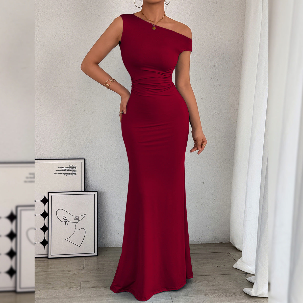Women Fishtail Dress Slant Shoulder Collar Waist Pleated Sleeveless Sexy Dress