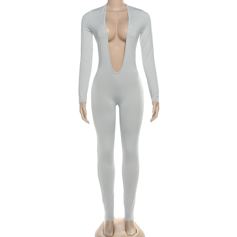 Fall Women Clothing Sexy Backless Deep V Plunge Long Sleeve Solid Color Tight Jumpsuit