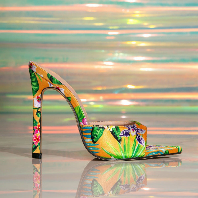 Summer Stiletto Sandals Women Outer Wear Korean Printed High Heel Sexy Party Sandals