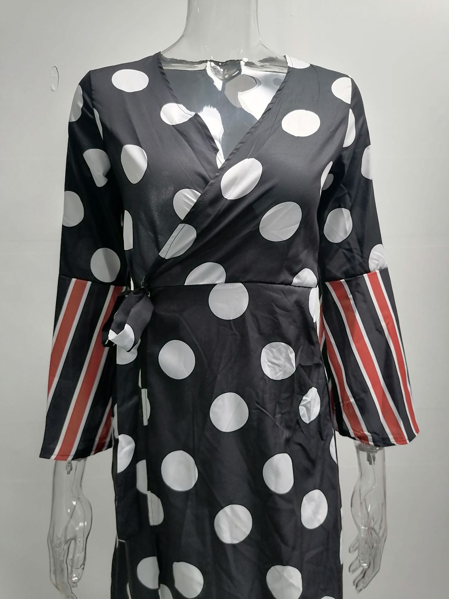 Autumn Winter Long Sleeve Tied V-neck Printed Dress Women Clothing Plus Size