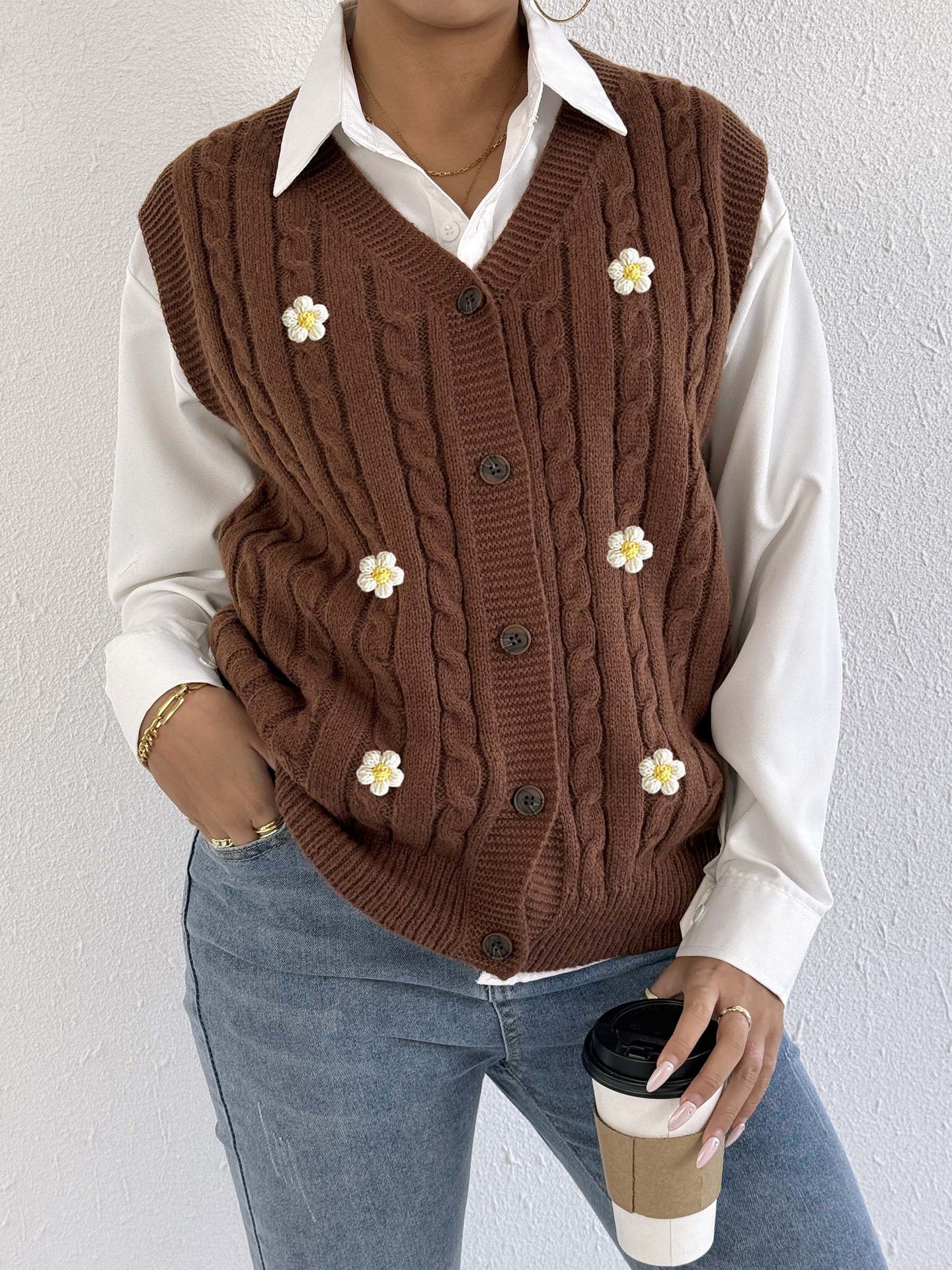 Women Knitted Cardigan Autumn Winter Women Clothing Casual Outerwear Vest Twist Woven Sweater Three Dimensional Floral Stitching Vest