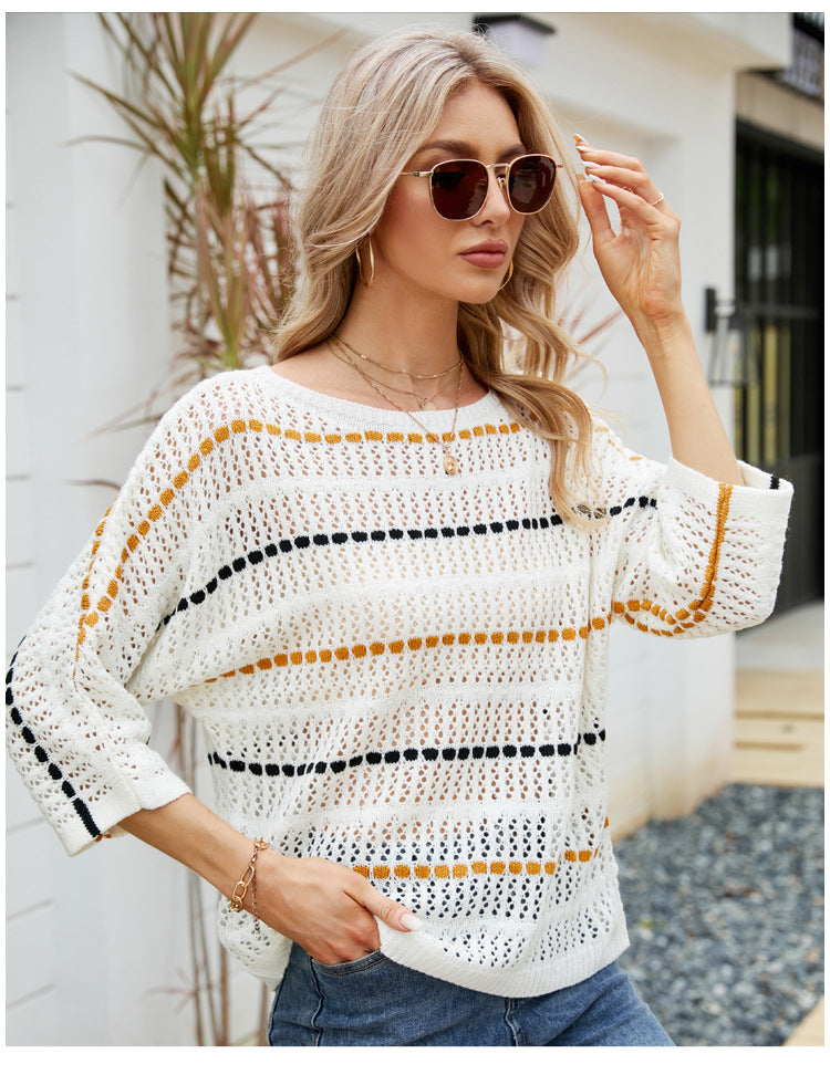 Loose Women Top Striped Knitwear off-Neck Hollow Out Hollow Out Cutout-out Knitted Sweater