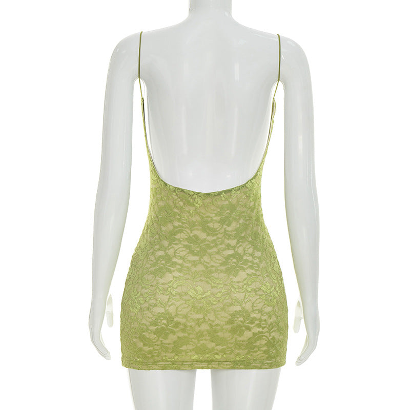 Women Clothing Summer Solid Color Sexy Lace Sling Bare Back Skinny Sheath Dress
