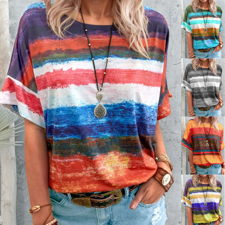 Women Clothing Summer Gradient Contrast Women Short-Sleeved T-shirt Women