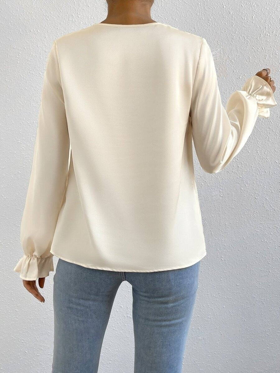 Women Clothing Ruffled Sleeve Satin Shirt Autumn Arrival Long Sleeve Satin Shirt