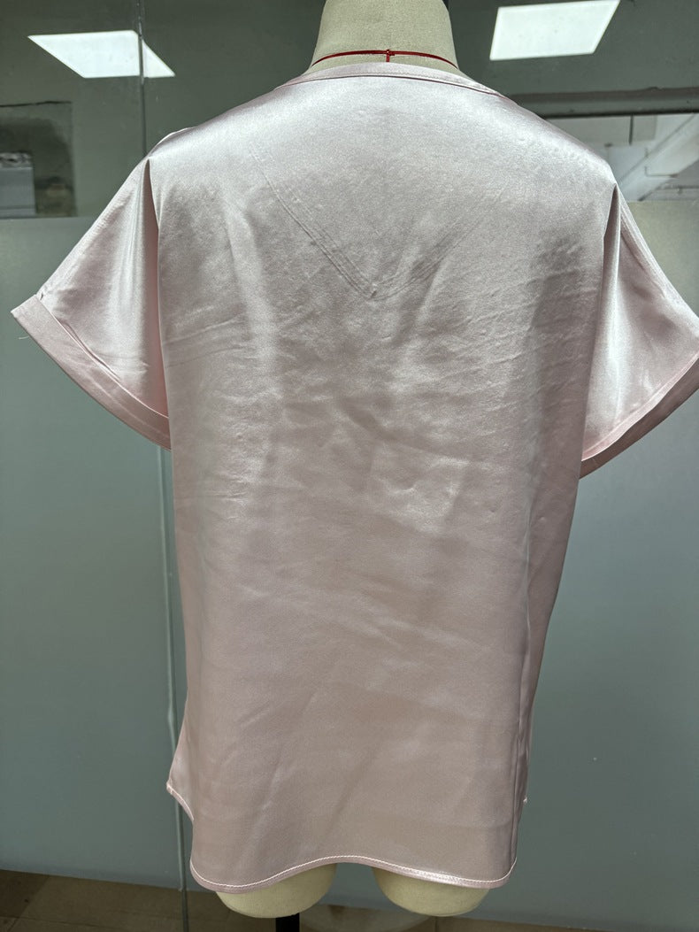 Women Satin V neck Pocket T shirt Curling Short Sleeve Loose Casual Top