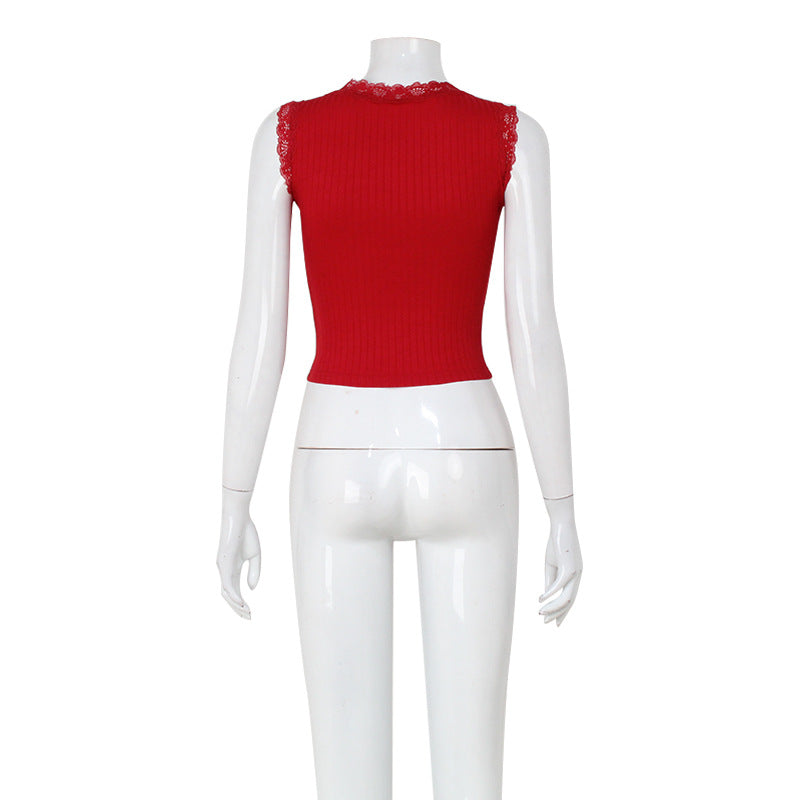 Women Sexy Square Neck Lace Edge Stitching Sleeveless Camisole Red Sweet Spicy Short Top for Women
