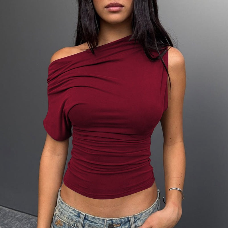 Women Clothing Spring Summer Solid Color Simple One Shoulder Pleated Slim T shirt Top