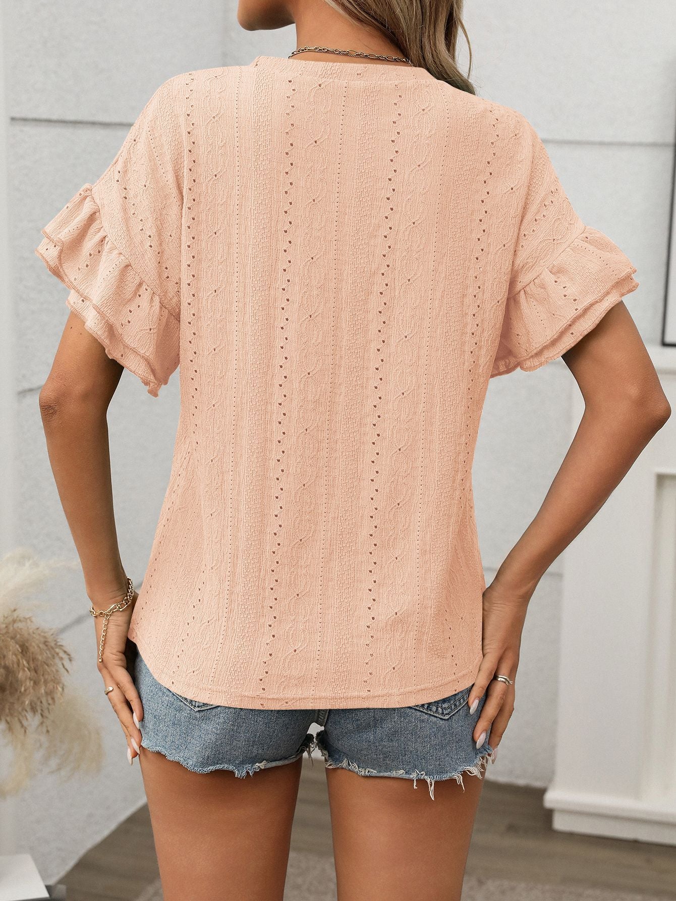 Women Clothing Summer Solid Color round Neck Ruffle Sleeve Short Sleeve T shirt Top
