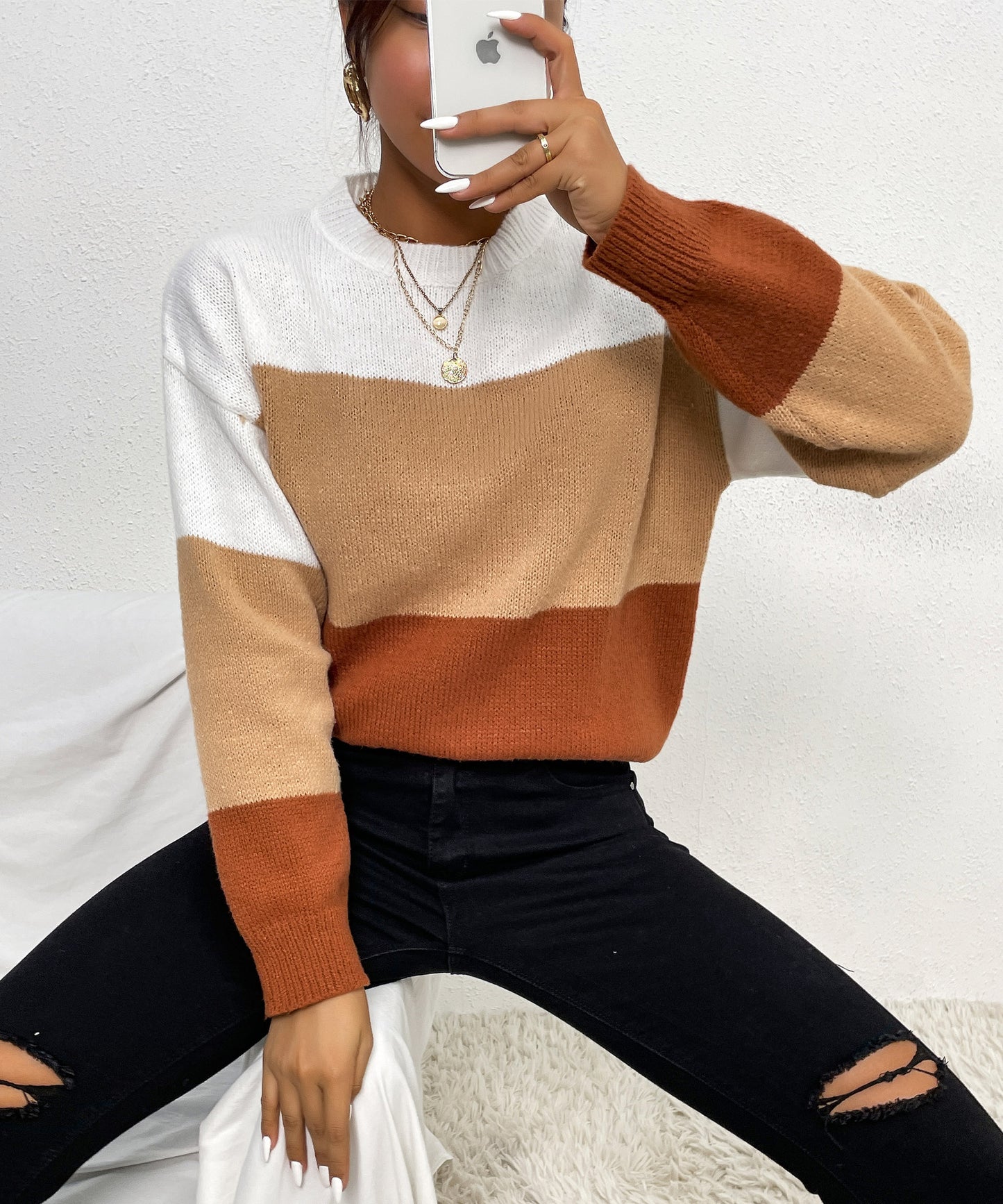 Vietnam Autumn Winter Casual Loose Gradient Color round Neck Striped Contrast Color Sweater Women