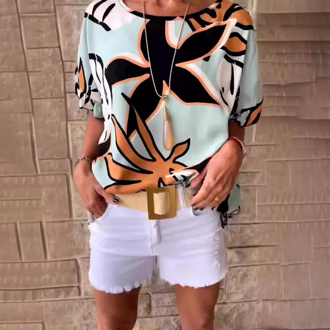 Short Sleeved T shirt Summer Leaf Printed Ruffle Sleeve Short Sleeved T shirt