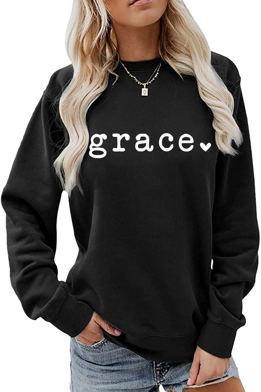 Grace Love Letter Graphic Loose Autumn Winter Bottoming Casual Top Long Sleeve Sweatshirt Women