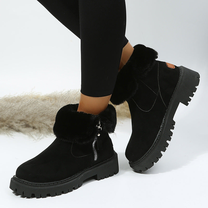 Short Thick Soled round Toe Snow Boots Women Vintage Fleece-Lined Thickening Thermal Cotton Shoes