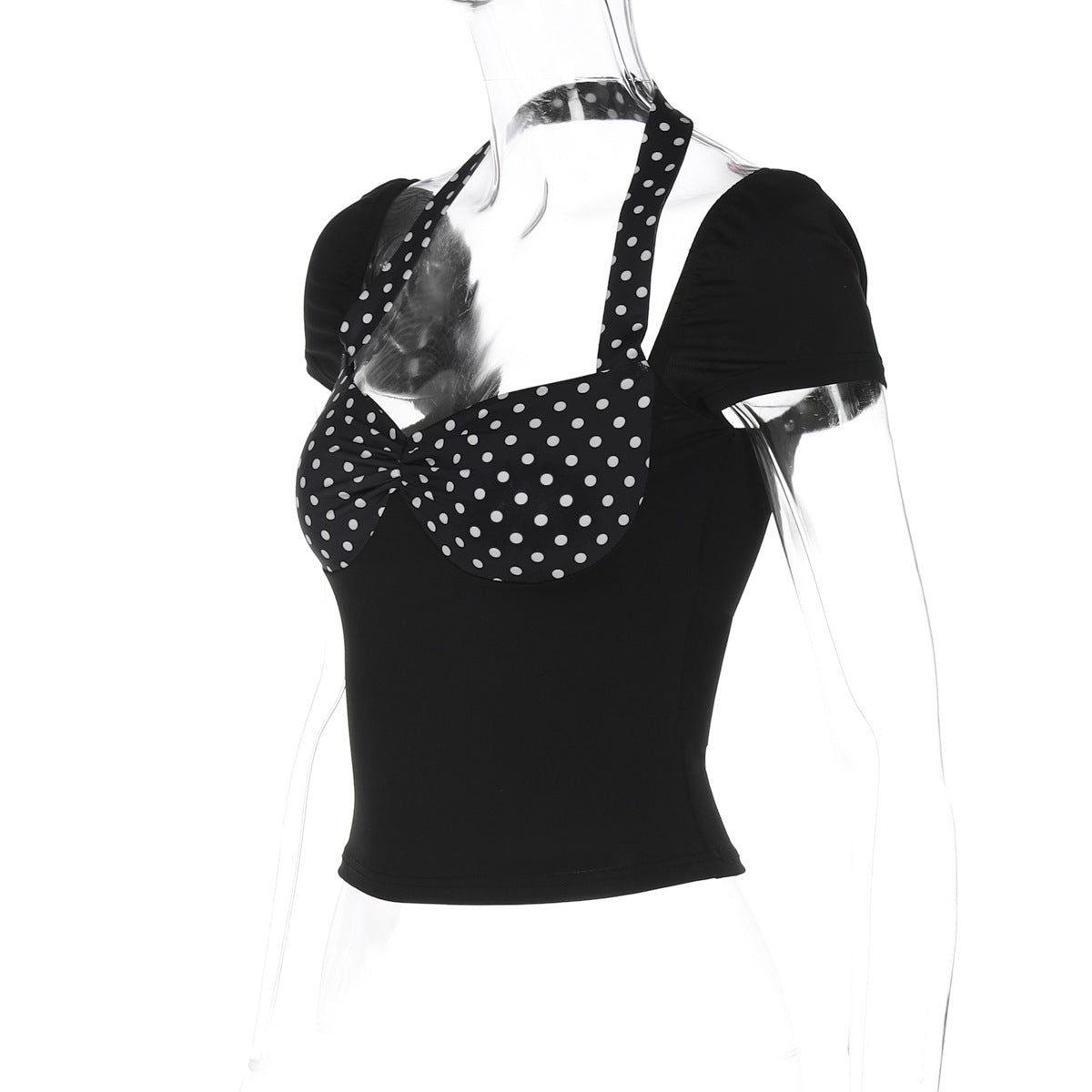 Women Clothing Spring Summer Halter Short Sleeve Backless Top Polka Dot Stitching T shirt Top