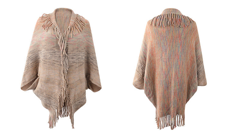 Autumn Winter New Shawl Cape Sweater Tassel Hem Color Cardigan for Women