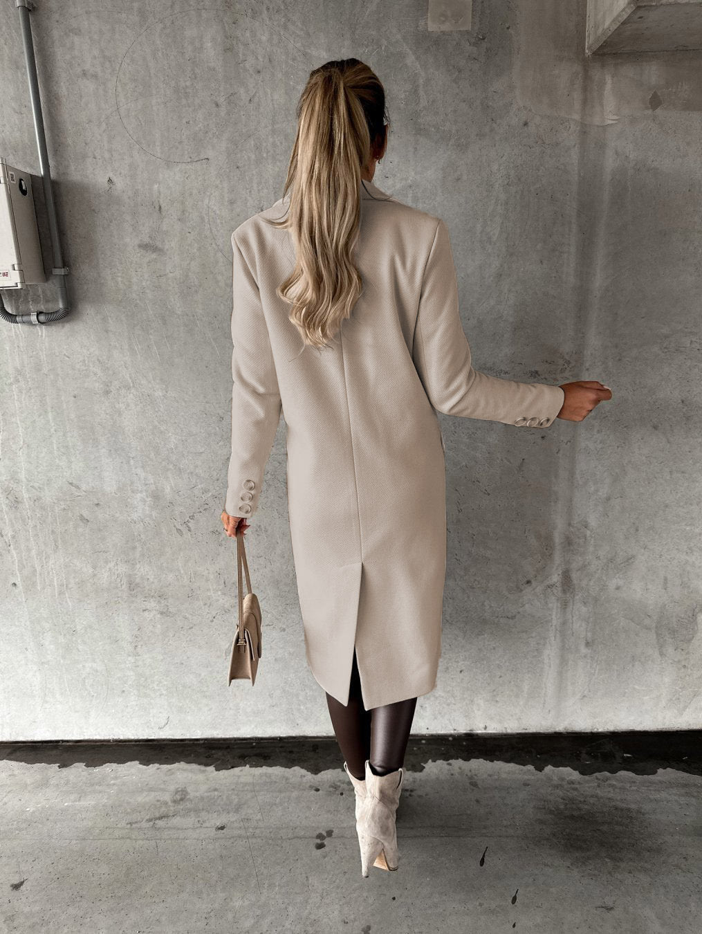 Autumn Winter Women Clothing Long Sleeve Polo Collar Solid Color Double Breasted Slim Fit Coat Overcoat