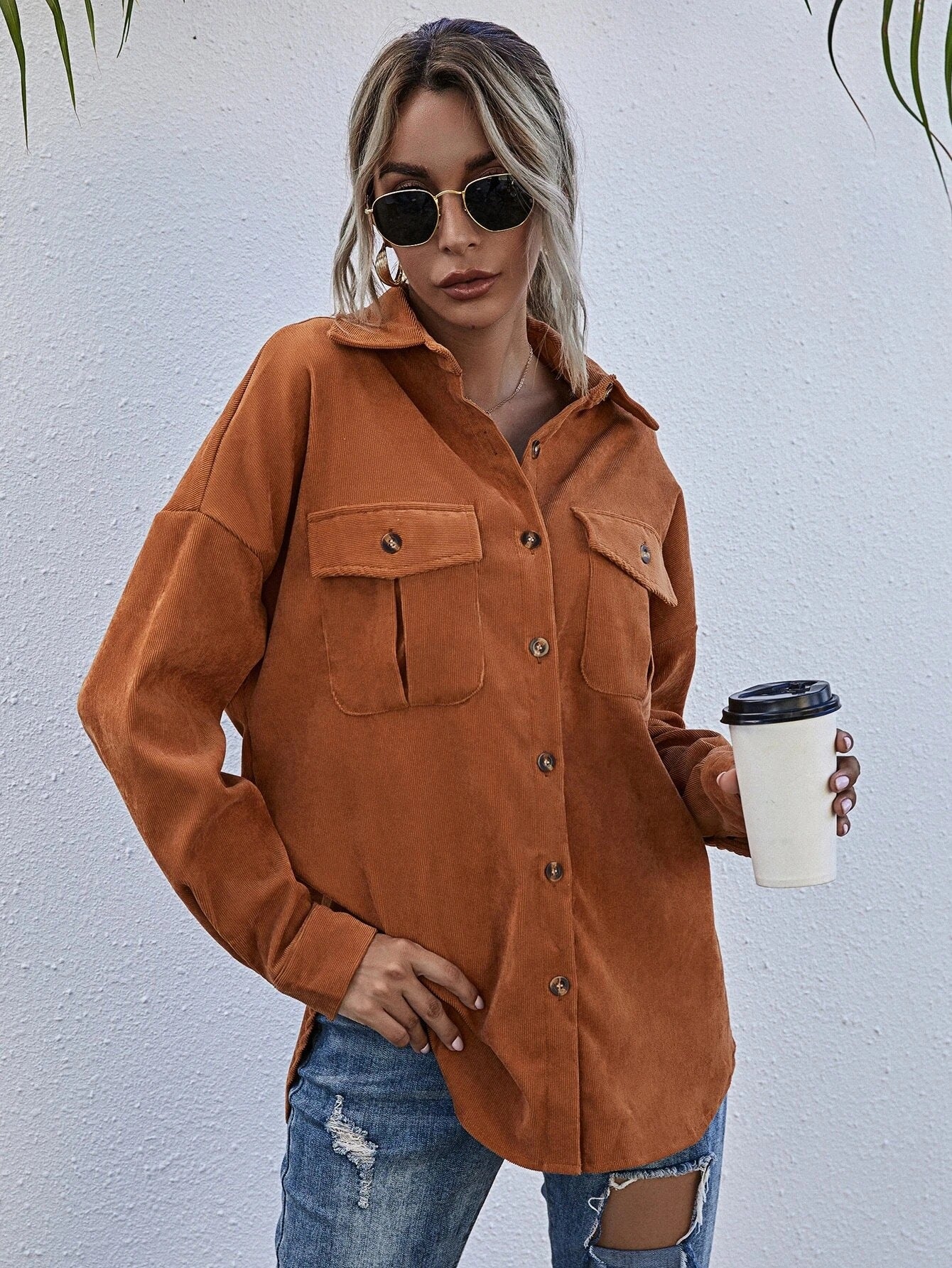 Autumn New Corduroy Shacket Collared Long Sleeve Loose Casual Jacket Women shacket
