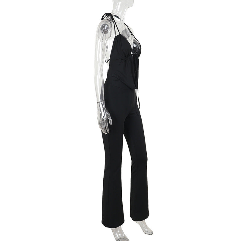 Pocket Collar Deep V Plunge Strap Halter Jumpsuit Women Clothing Summer Sexy Backless Bodysuit