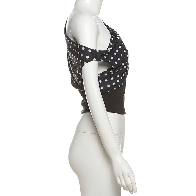 Summer Women Clothing Retro Gentle Dot Sexy One Shoulder Cropped Waist Controlled Top Women