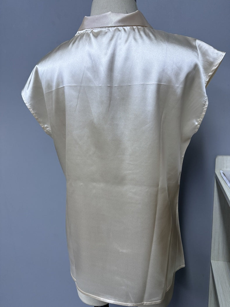 Half Open Collar Bow Satin Top Special Interest Design Satin Women Clothing T shirt