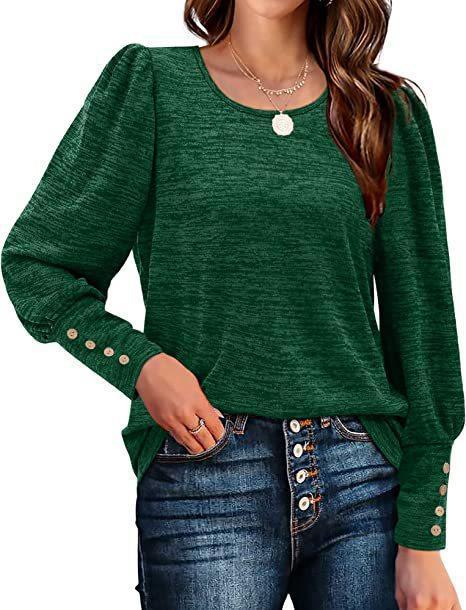 Women Autumn Winter Loose Casual Puff Sleeve Round Neck Long Sleeve T shirt