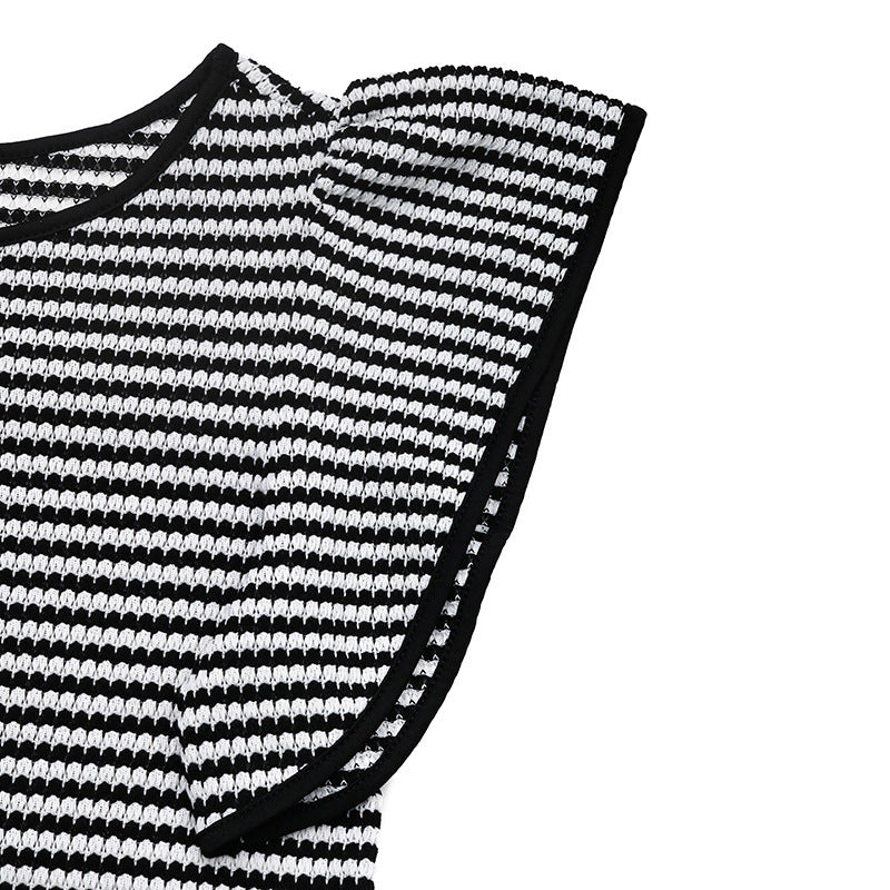 Women Summer Ruffle Sleeve T shirt Black White Striped round Neck Casual Short Sleeve Top