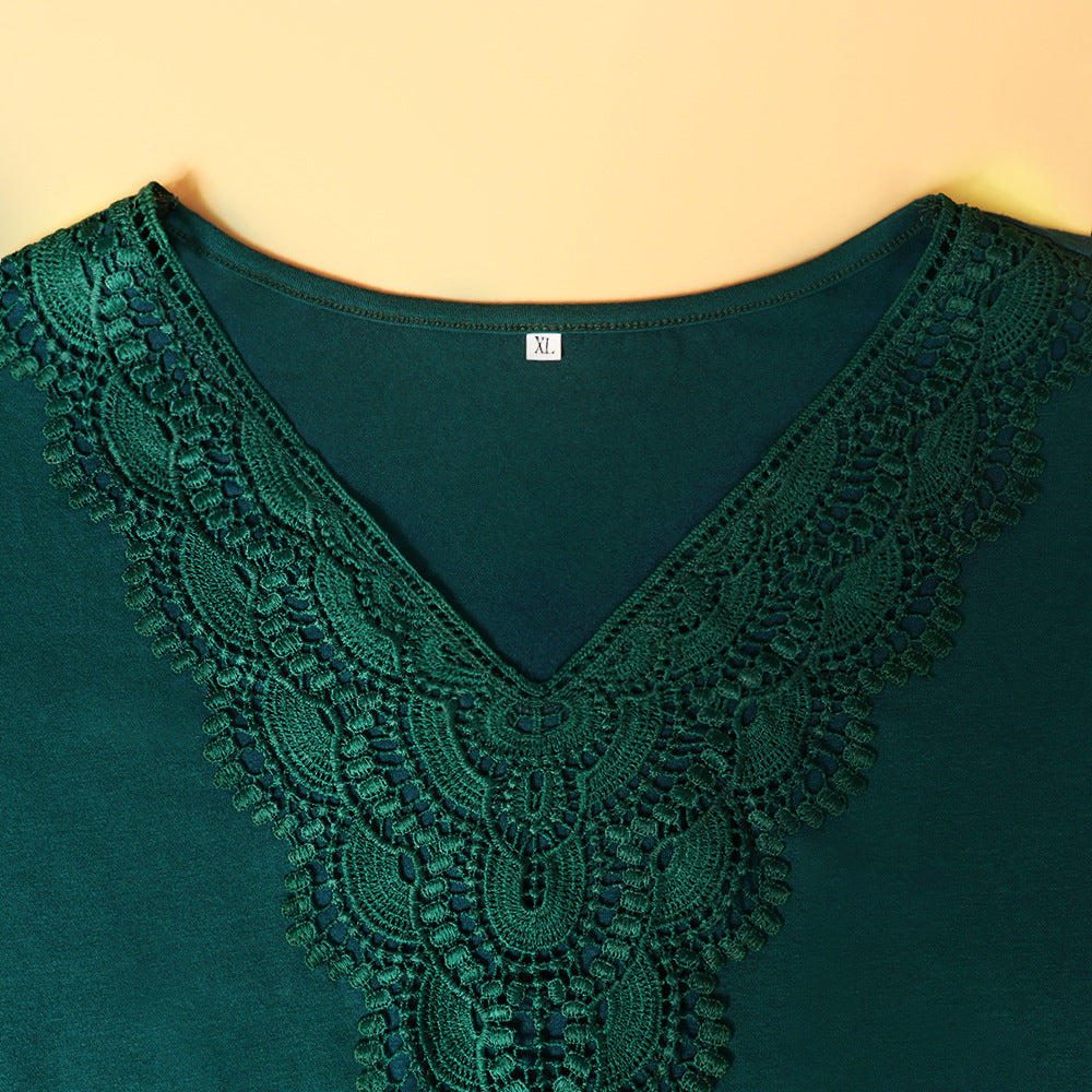 Plus Size Women Clothes Flared Sleeves Short Sleeved T Shirt Lace Patchwork Top Women Clothing
