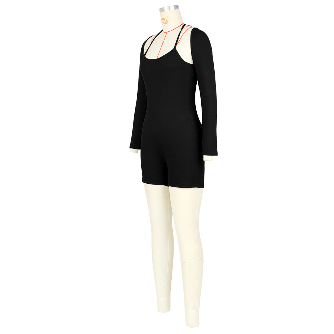 Women Clothing Goods Solid Color Rib Fabric Shawl Backless Lace up Jumpsuit Two Piece Set
