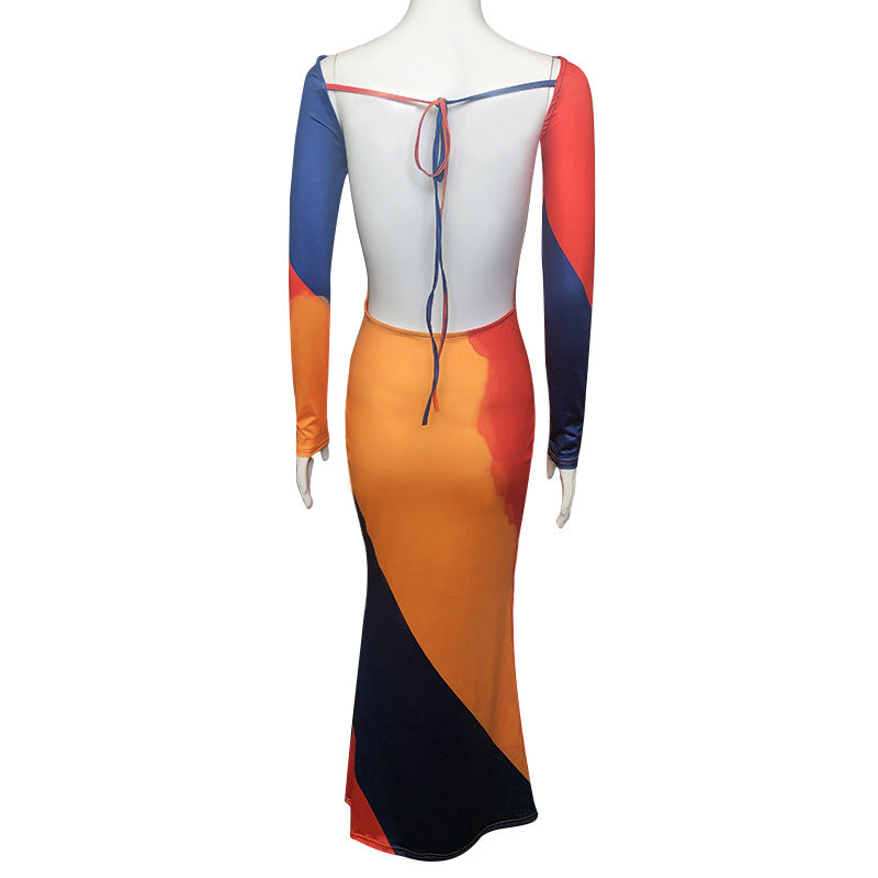 Summer Women Off Neck Printed Dress Sexy Backless Skinny Hip Dress Mid Length