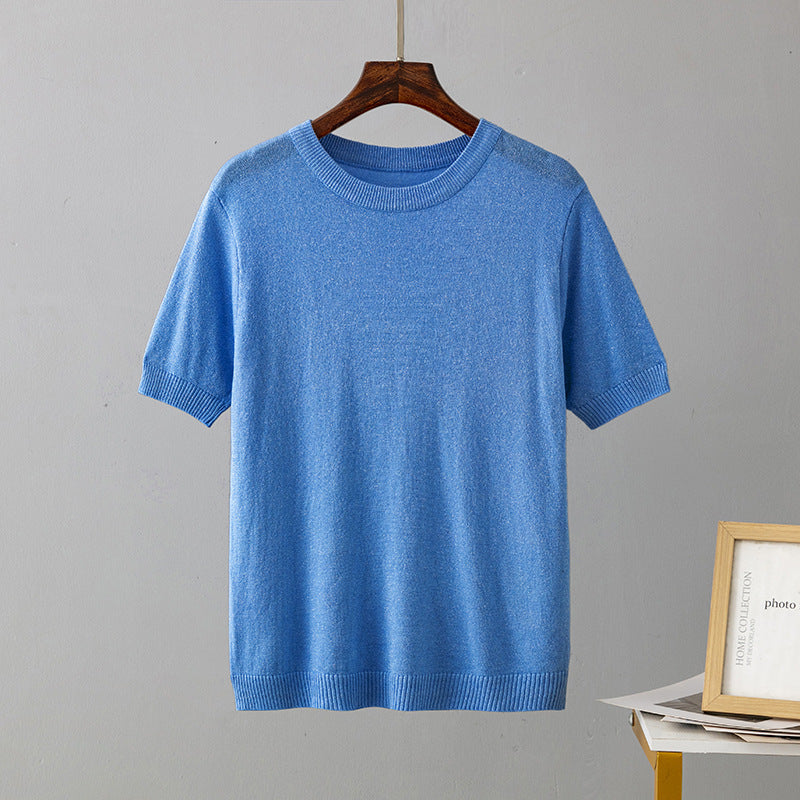 Women Clothing Summer Bright Silk Slim Fit Slimming Short Sleeved Sweater Pullover Top T shirt Bottoming Shirt