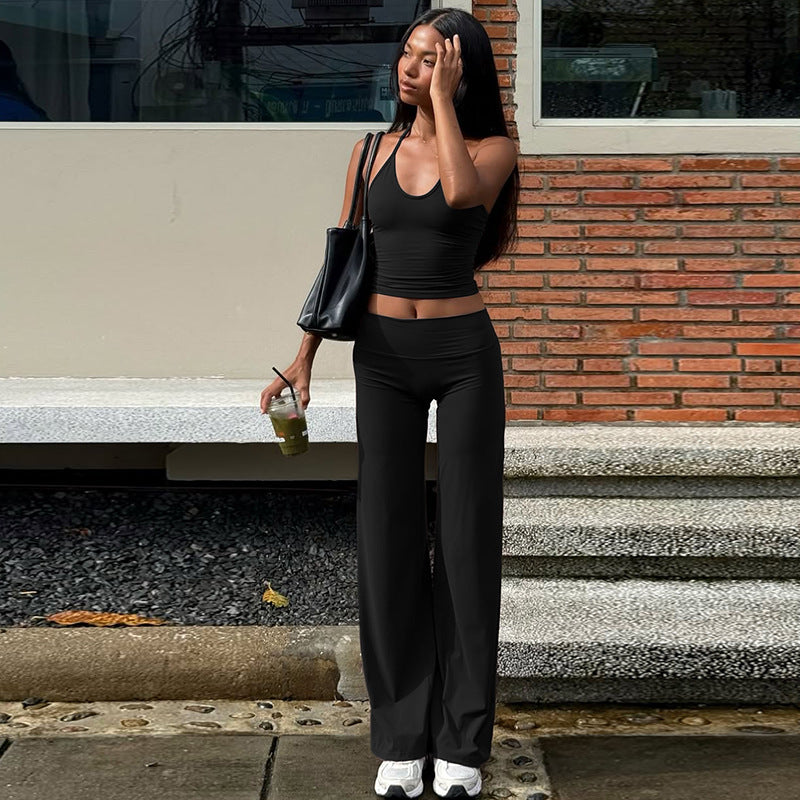 Women Clothing Autumn Backless Small Vest Slim Solid Color Casual Leggings Two Piece Sets