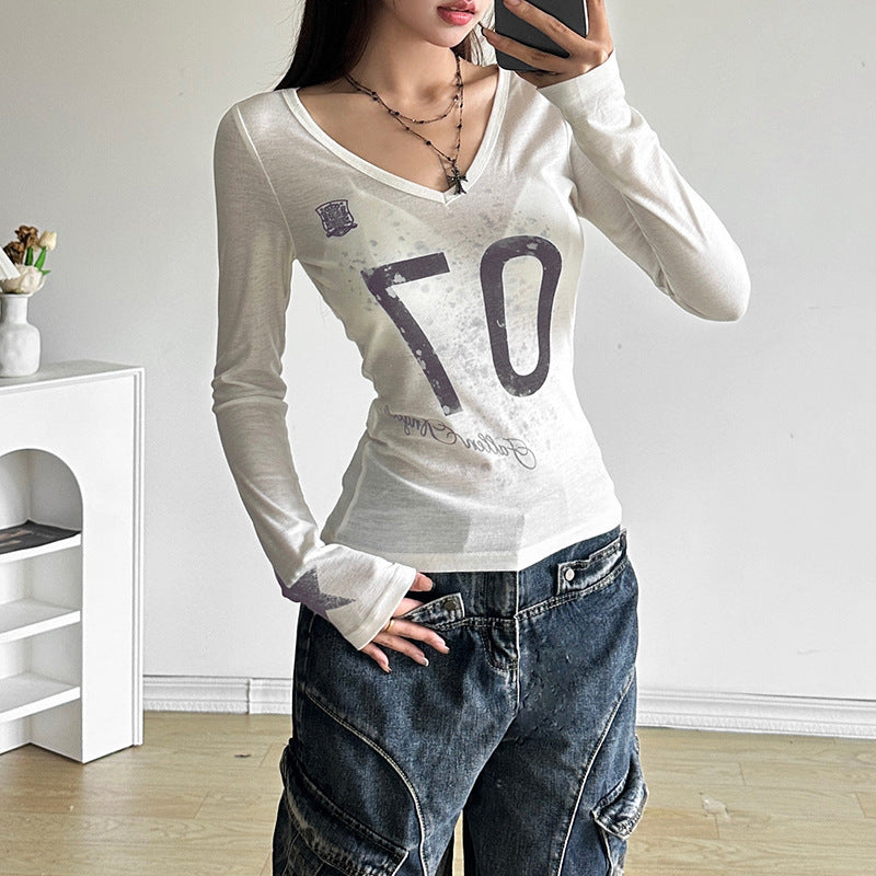 Autumn Sexy See through Slim Fit V neck Printed Long Sleeved T shirt Top Women Clothing
