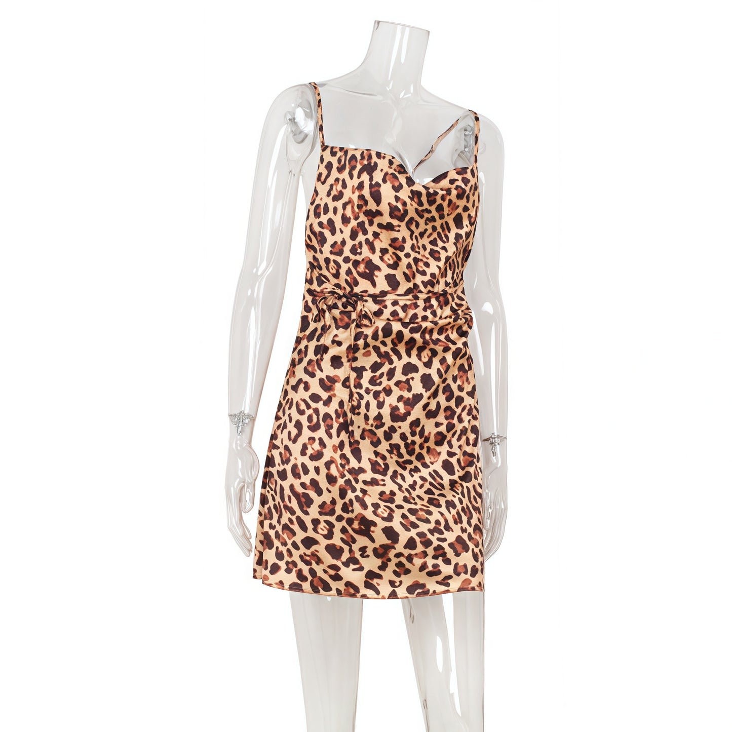 Sexy Women Clothing Leopard Print Swing Collar Backless Slim Fit Vacation Sling Dress