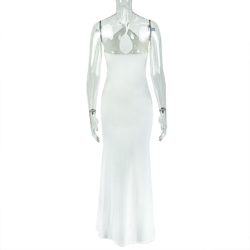 Solid Color Elegant Women Pleated Backless Hip Slim Fit Cross Halterneck Maxi Dress