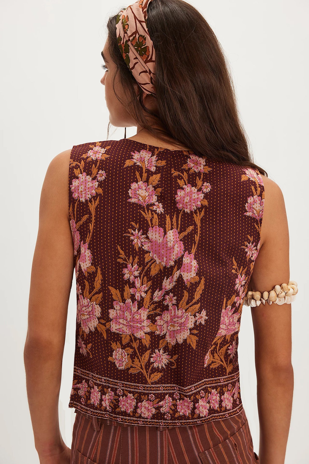Women Tops Vintage Print Lace up Loose Ladies Vest