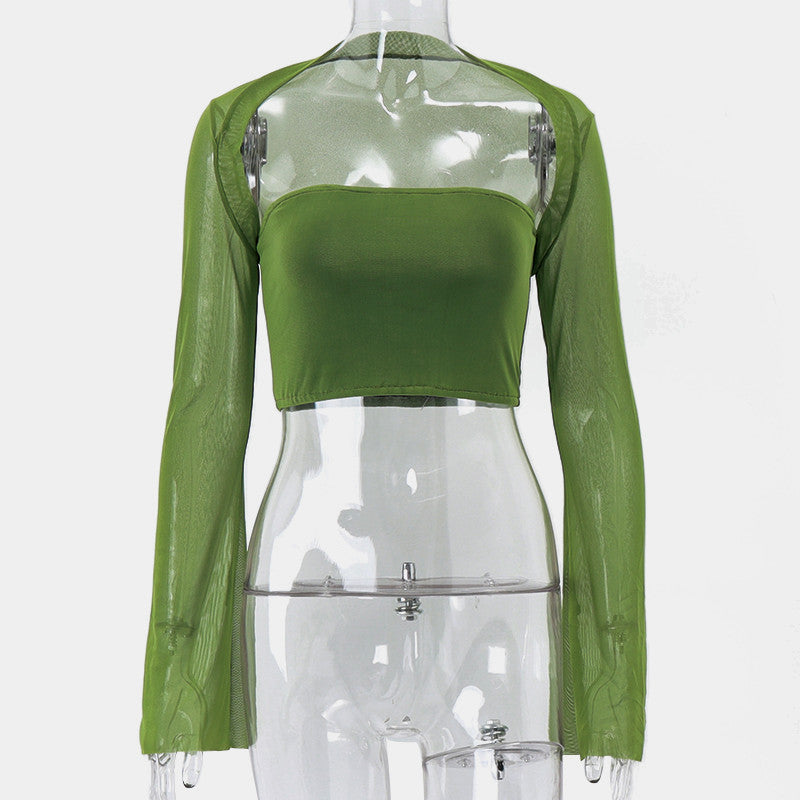 Fall Women Clothing Sexy Sexy Two Piece Set Slim Tube Top Waistcoat Long Sleeve Top