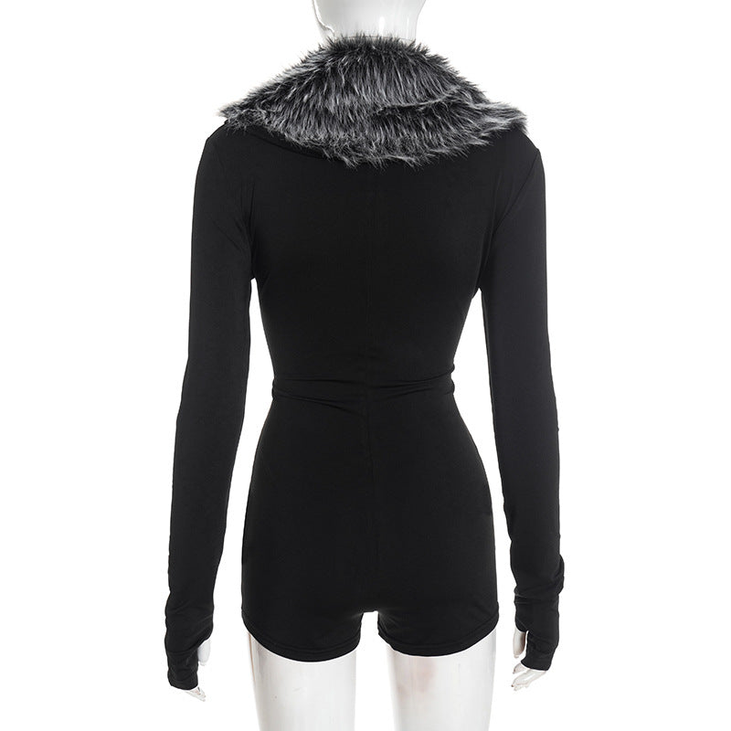 Women Clothing Autumn Winter Elegant Fur Collar Deep V Plunge Long Sleeve Tight Fitting Solid Color Elegant Romper