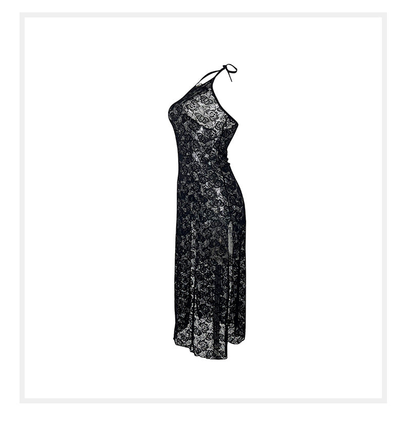 Sexy Lace Halter Dress Backless High Waist Slit Slim-Fitting Close Fitting Nightdress