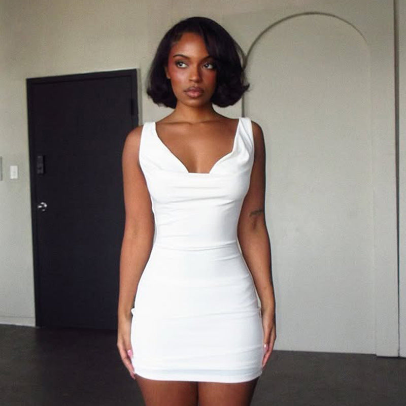Women Clothing Summer Solid Color Casual Slim Fit Iron Chain Bare Back Swing Collar Sleeveless Dress