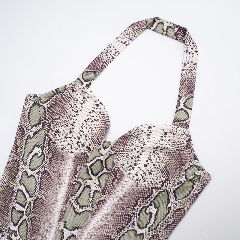 Women Clothing Autumn Winter Elegant Sexy Sleeveless Snake Print Sling Slim Fit Long Conjoined Trousers