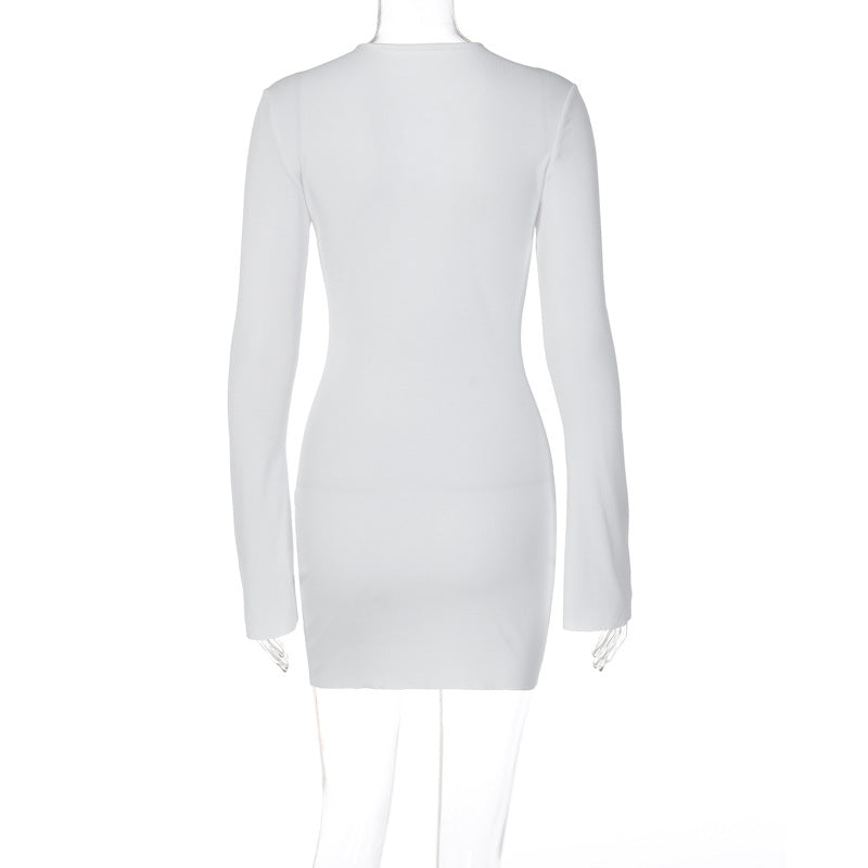 Fall Women Chest Lace up Sexy Low Cut Solid Color Round Neck Long Sleeve Narrow Dress