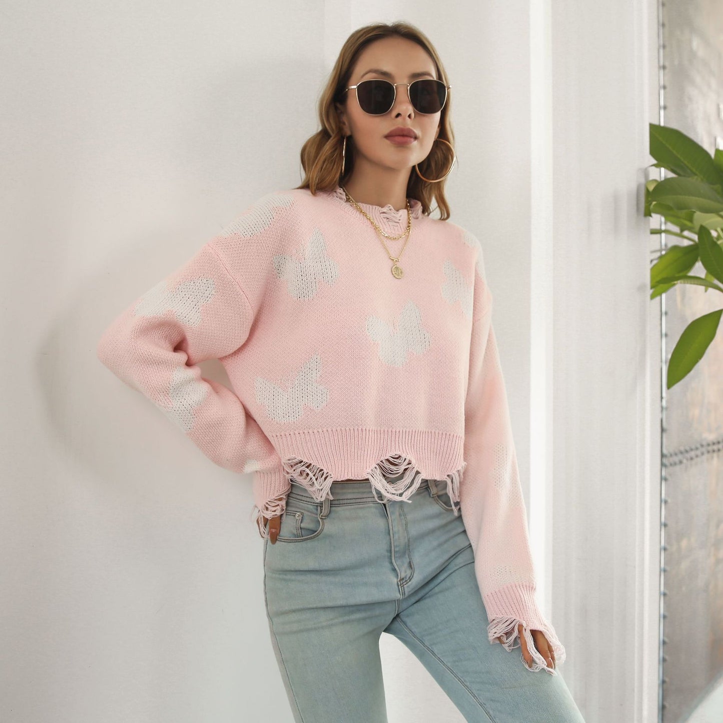 Ripped Butterfly Jacquard Short Sweater Women Autumn Winter Long Sleeve Sweater Sweater