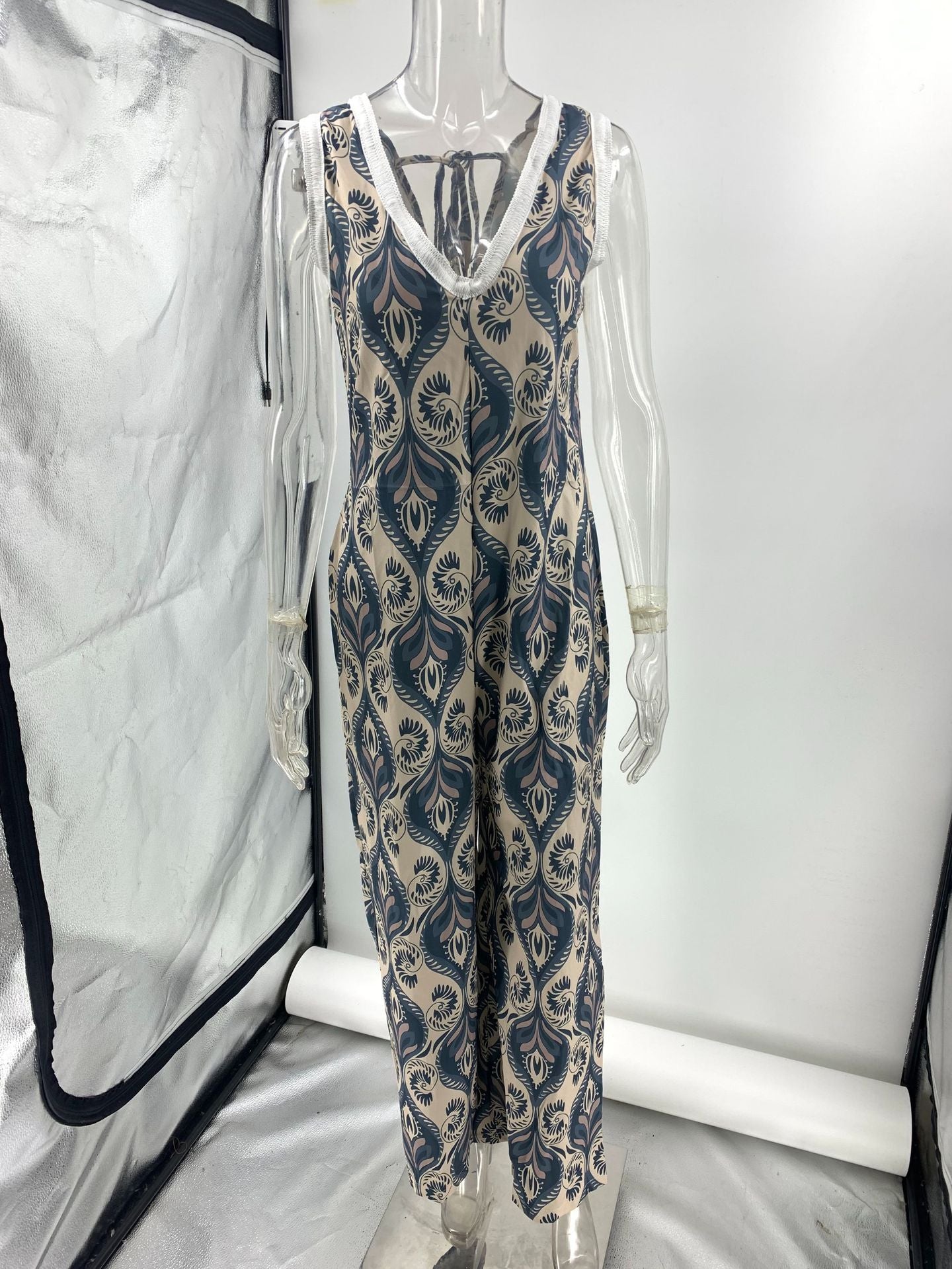 Printed Casual Loose V neck One Piece Trousers
