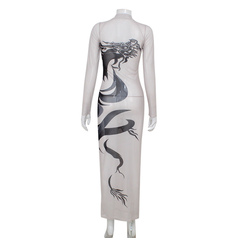 Summer Women Elegant Street Round Neck Long Sleeve Dragon Print Cool Handsome Slim Fit Elegant Hip Dress